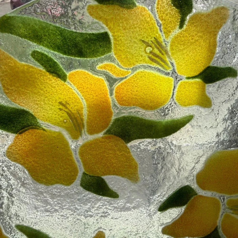 Large Fused Art Glass Platter Yellow Lily Floral Textured 14